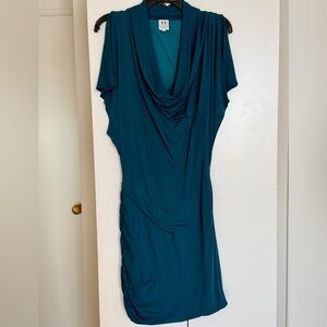 Halston Heritage Teal Draped Cowl Neck Ruched Cocktail Dress XS/2